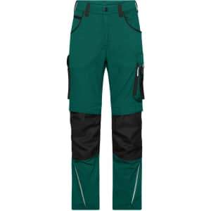 Workwear pants in teal and black, featuring pockets and reflective detailing. Includes a logo on the garment.