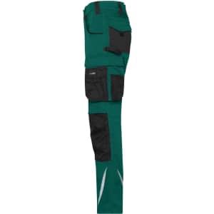 Green workwear pants with black accents and multiple side pockets. Features reflective detailing and a branding logo.