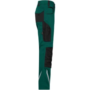 Workwear pants in teal with black accents, featuring multiple pockets and reflective detailing on the sides.