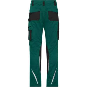 Workwear pants in teal and black, featuring multiple pockets and reflective details on the back.