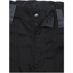 Black workwear pants featuring a button and zip closure, with grey detailing on the waistband.