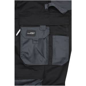 Workwear pants in black and grey featuring multiple pockets and a logo on the fabric.