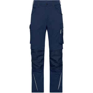Navy work pants with multiple pockets and silver detailing, featuring a logo on one side. Suitable for workwear.