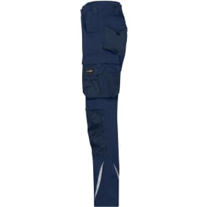 A pair of navy work pants with multiple pockets and reflective detailing, featuring a logo on the side.