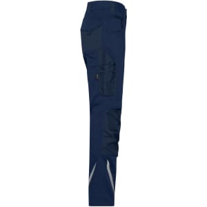 Navy workwear pants with multiple pockets and reflective details, featuring a logo on the fabric.