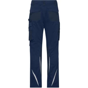 Navy work pants featuring cargo pockets and reflective detailing. The pants have a logo on them.
