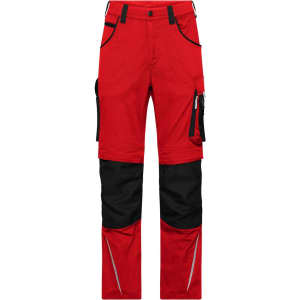 Red workwear pants featuring black accents and multiple pockets, designed for durability and functionality.