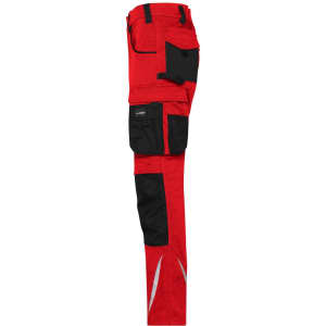 Red work pants featuring black pockets and a reflective strip, designed for durability and functionality.