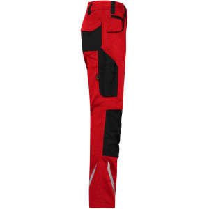 Red workwear pants featuring black accents and reflective detailing, designed for durability and practicality.