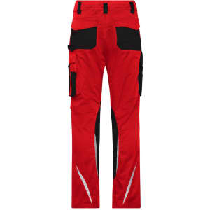 Red workwear pants with black accents, featuring multiple pockets and reflective detailing. Includes a logo.