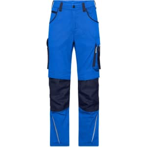 Bright blue workwear pants featuring dark blue accents and multiple pockets, including a logo. Suitable for various tasks.