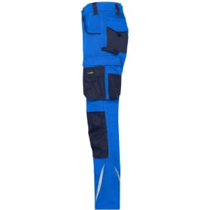 Workwear pants in bright blue with navy panels, featuring multiple pockets and reflective detailing.