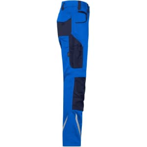 Workwear pants in bright blue with navy accents, featuring multiple pockets and reflective detailing.