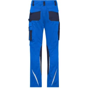 Blue workwear pants featuring cargo pockets and reflective detailing, designed for durability and functionality.