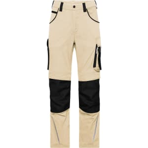 Beige workwear pants featuring black accents and multiple pockets, designed for durability and functionality.