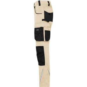 Workwear pants in a tan and black colour scheme with multiple pockets and reflective detailing. Features a logo.