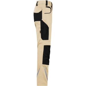 Workwear pants in beige with black accents, featuring side pockets and reflective details for visibility.