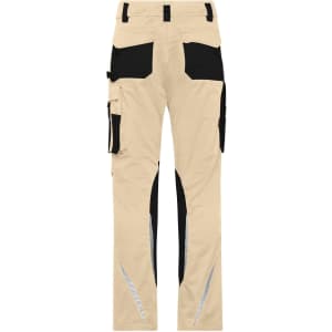 Beige work pants with black accents, featuring multiple pockets and reflective detailing, and includes a logo.