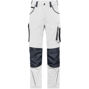 Workwear pants in grey and navy with multiple pockets and a modern design. Features a logo on the waistband.