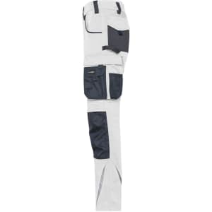 Workwear pants in grey and navy featuring multiple pockets and a logo. Suitable for various work environments.