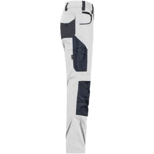 Workwear pants in grey with navy accents, featuring multiple pockets and a side profile view. Branding visible on the product.
