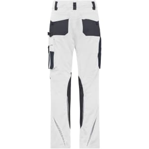 Workwear pants in white with navy accents, featuring cargo pockets and reflective details on the legs.