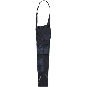 Workwear pants with bib in black, featuring multiple pockets and adjustable straps. Includes a branding logo.