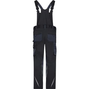 Workwear pants with bib in black and navy, featuring multiple pockets and adjustable straps. Includes branding.