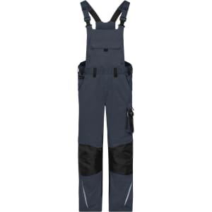 Workwear pants with bib in navy blue and black, featuring adjustable straps and multiple pockets. Includes a branding logo.
