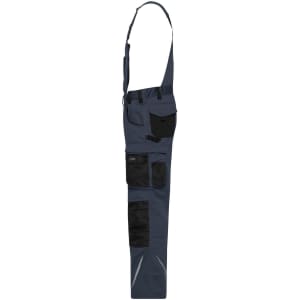 Workwear pants with bib in navy blue featuring black pockets and reflective detailing. Includes adjustable straps and a logo.
