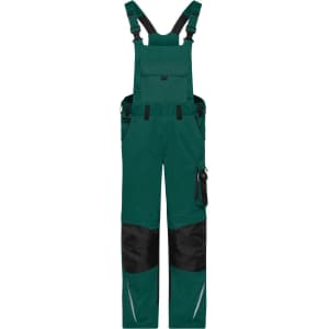 Workwear pants with bib in teal and black, featuring adjustable straps and multiple pockets. Includes a logo.