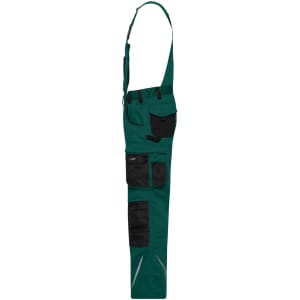 Workwear pants with bib in green featuring black accents and multiple pockets, designed for durability and function.