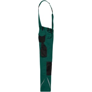 Workwear pants with bib in teal and black, featuring multiple pockets and adjustable straps. Suitable for uniforms and outdoor work.
