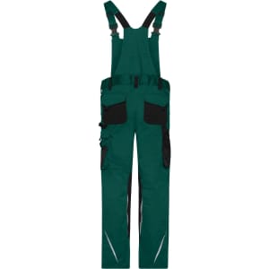 Workwear pants with bib in teal and black, featuring multiple pockets and adjustable straps. Includes a logo.