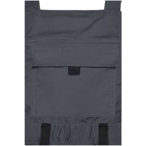 Workwear pants in dark grey with a front pocket and adjustable straps. Includes a logo on the fabric.