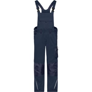 Navy workwear pants with bib design, featuring adjustable straps and pockets, suitable for rugged use.