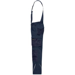 Workwear pants with bib in navy blue, featuring multiple pockets and adjustable straps. Includes a logo.