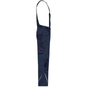 Workwear pants with bib in navy blue, featuring adjustable straps and multiple pockets. Includes a logo.