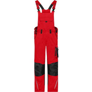 Workwear pants with bib in bright red and black, featuring adjustable straps, pockets, and reinforced knee areas.