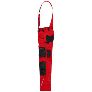 Red workwear pants with bib, featuring multiple pockets and black accents. Includes adjustable straps and reflective detailing.