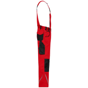 Red workwear pants with black accents, featuring bib and adjustable straps. Includes pockets and reflective details.