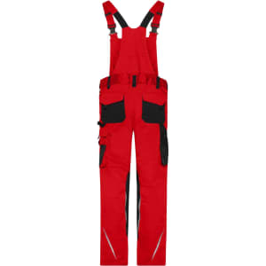 Red workwear pants with bib, featuring black pockets and adjustable straps, suitable for various uniform applications.