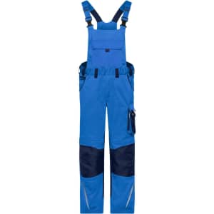 Blue workwear pants with bib featuring adjustable straps and navy accents, designed for durability and comfort.