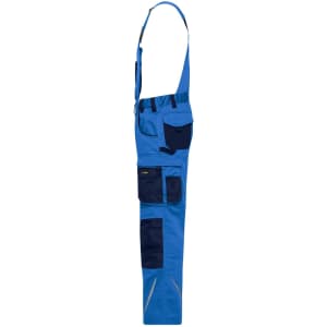 A pair of blue workwear pants with bib, featuring multiple pockets in contrasting navy blue.