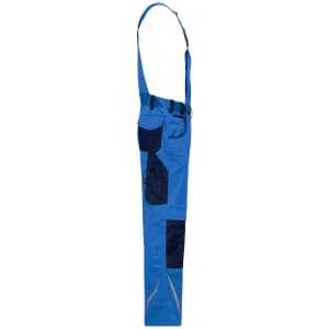 Workwear pants with bib in blue, featuring navy patches and adjustable straps. Includes pockets for utility.