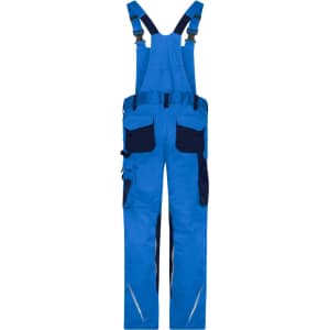 Workwear pants with bib in bright blue, featuring multiple pockets and adjustable straps. Suitable for rugged use.
