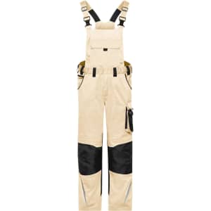Beige workwear pants with black accents, featuring adjustable bib straps and multiple pockets. Includes a logo.