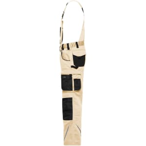 Workwear pants with bib in light beige, featuring multiple pockets and black trims. Includes adjustable straps and branding.