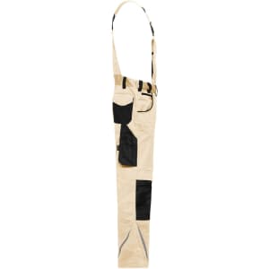 Workwear pants with bib in beige and black, featuring multiple pockets and adjustable straps.