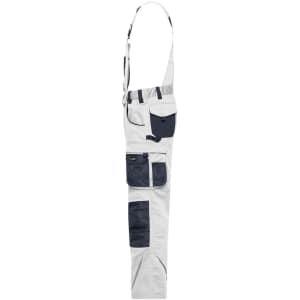Workwear pants with bib in white and navy, featuring multiple pockets and a strap for additional support.